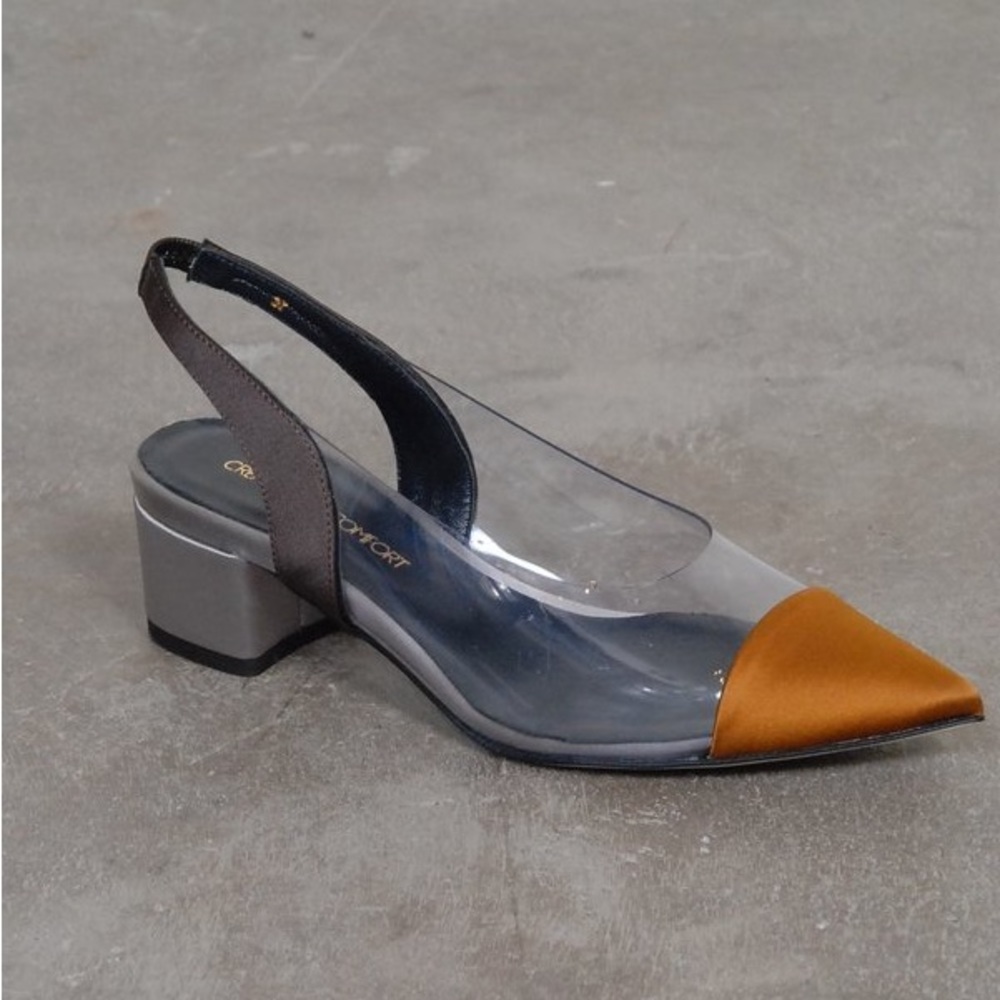 Creatures of Comfort Gloria sling back vinyl with a satin pointy toe & low heel